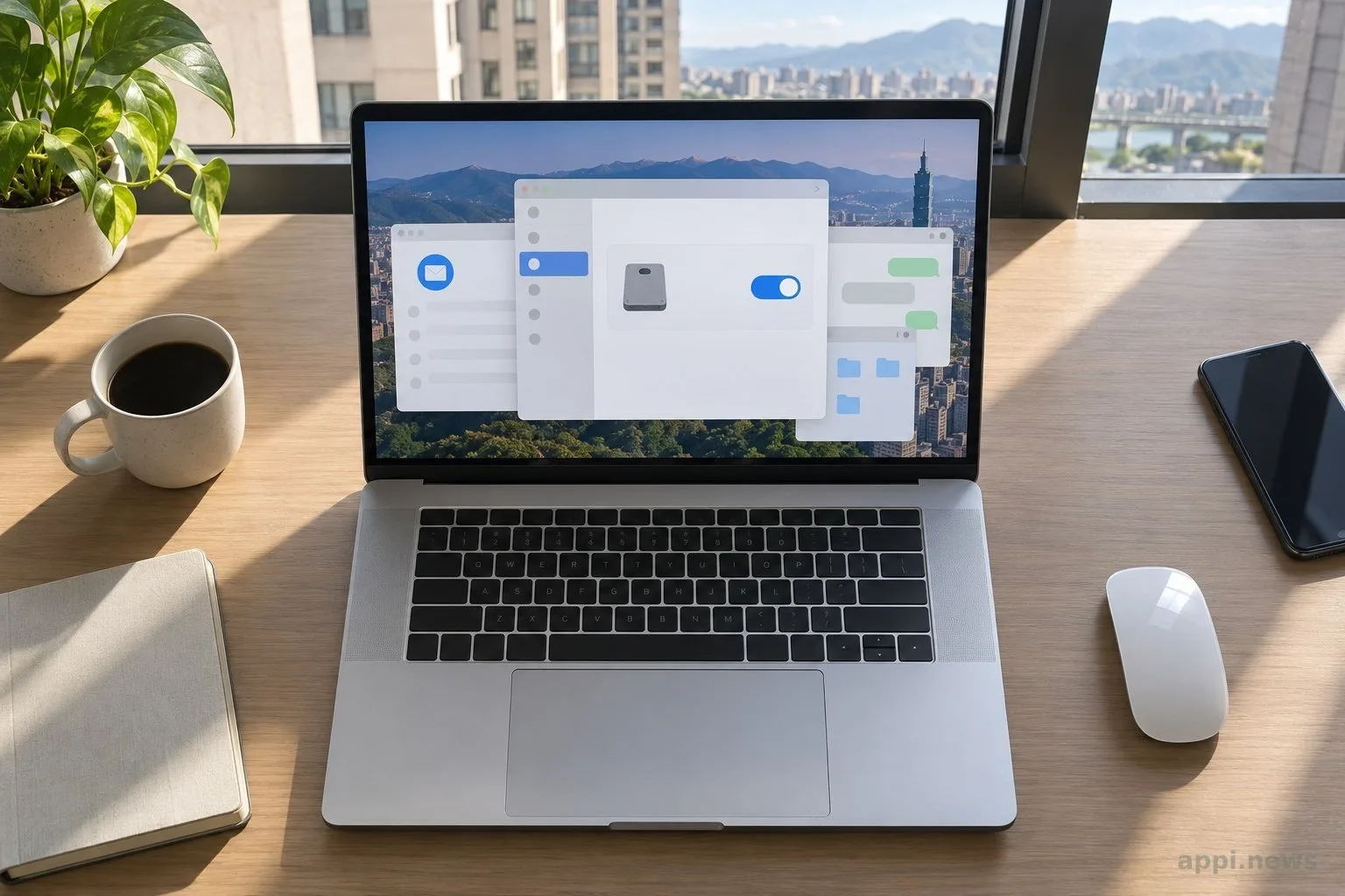 MacBook 螢幕顯示隱私設定視窗，旁邊可見郵件與訊息視窗