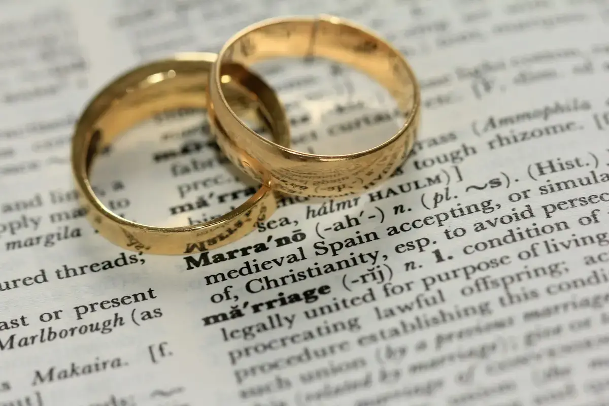 結婚登記文件與婚戒疊放在桌面（示意圖）