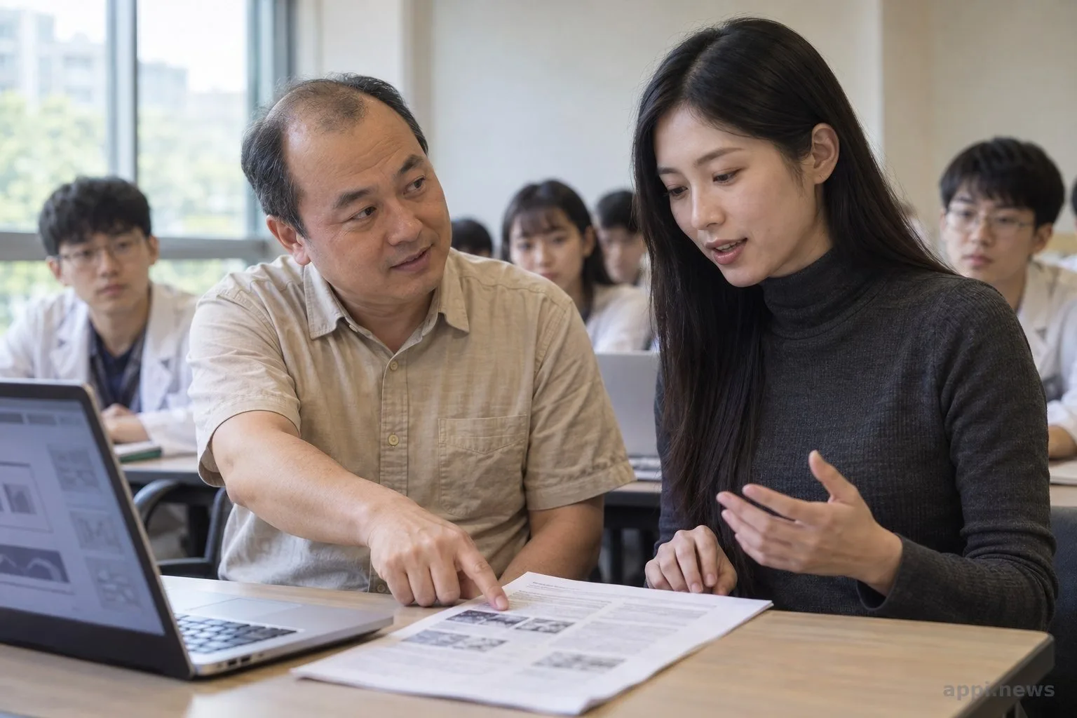 台灣醫學教室中，教師指著研究論文向正在說明簡報的學生提問，其他學生在旁聆聽。