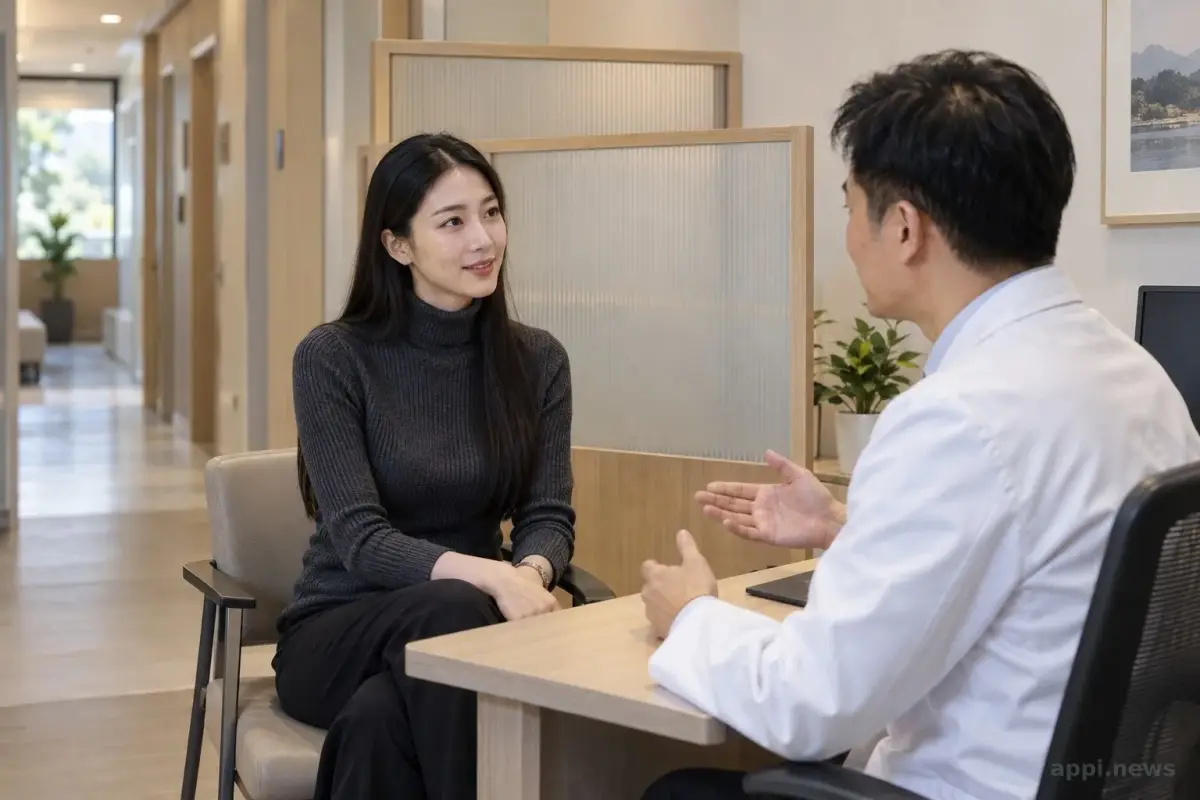 台灣診間內，醫師與患者在屏風後交談，屏風隔開公共走道