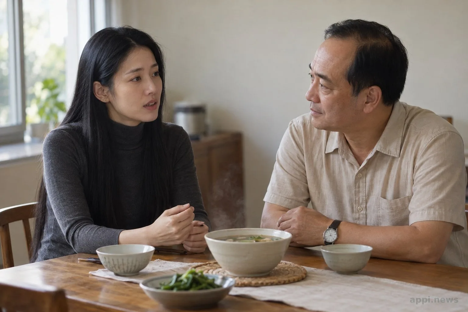 兩位亞洲成人坐在台灣住家的餐桌旁，一人傾訴，另一人安靜聆聽，桌上放著一碗熱湯