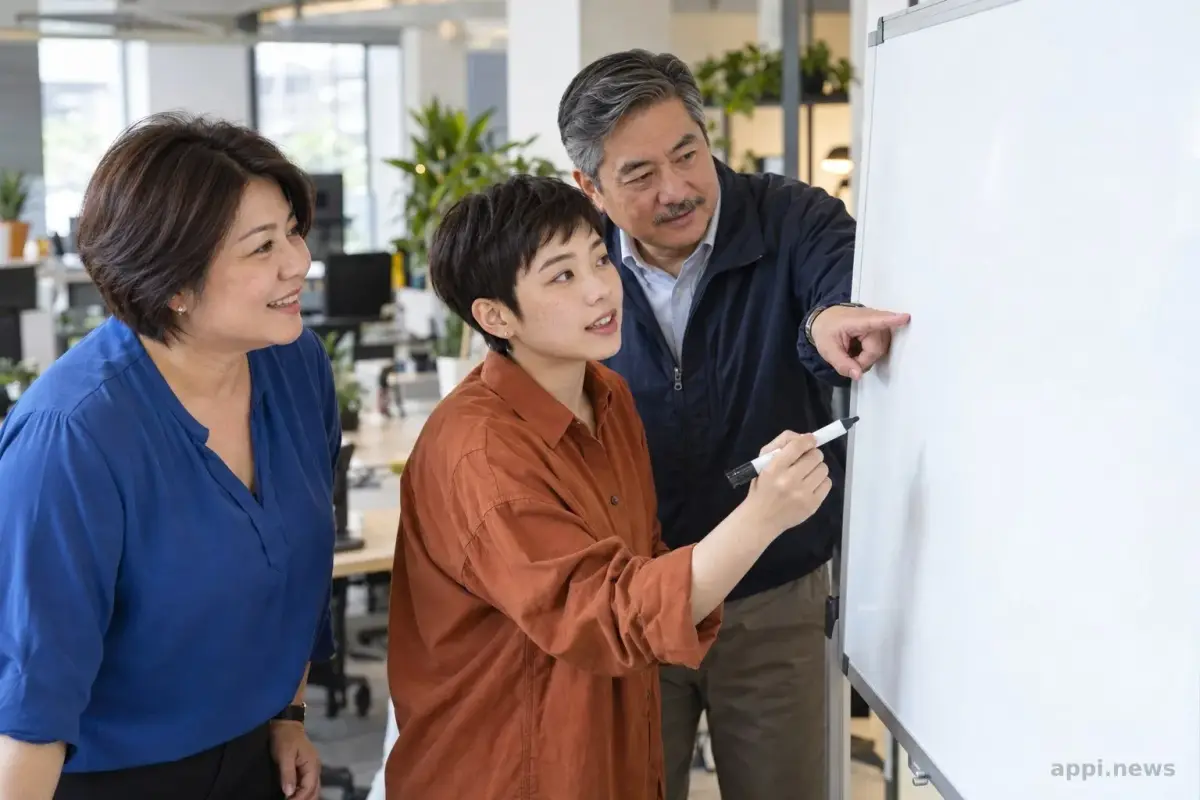 幾位亞洲團隊成員在辦公室的流程板前討論任務輸入、完成條件與人工確認點