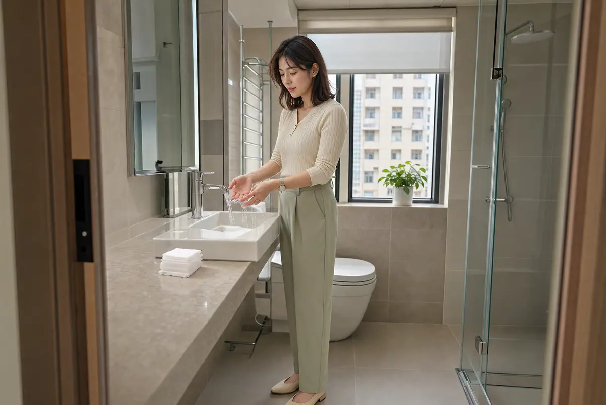 手部小傷口在水龍頭下以流動清水沖洗,旁邊放著乾淨紗布