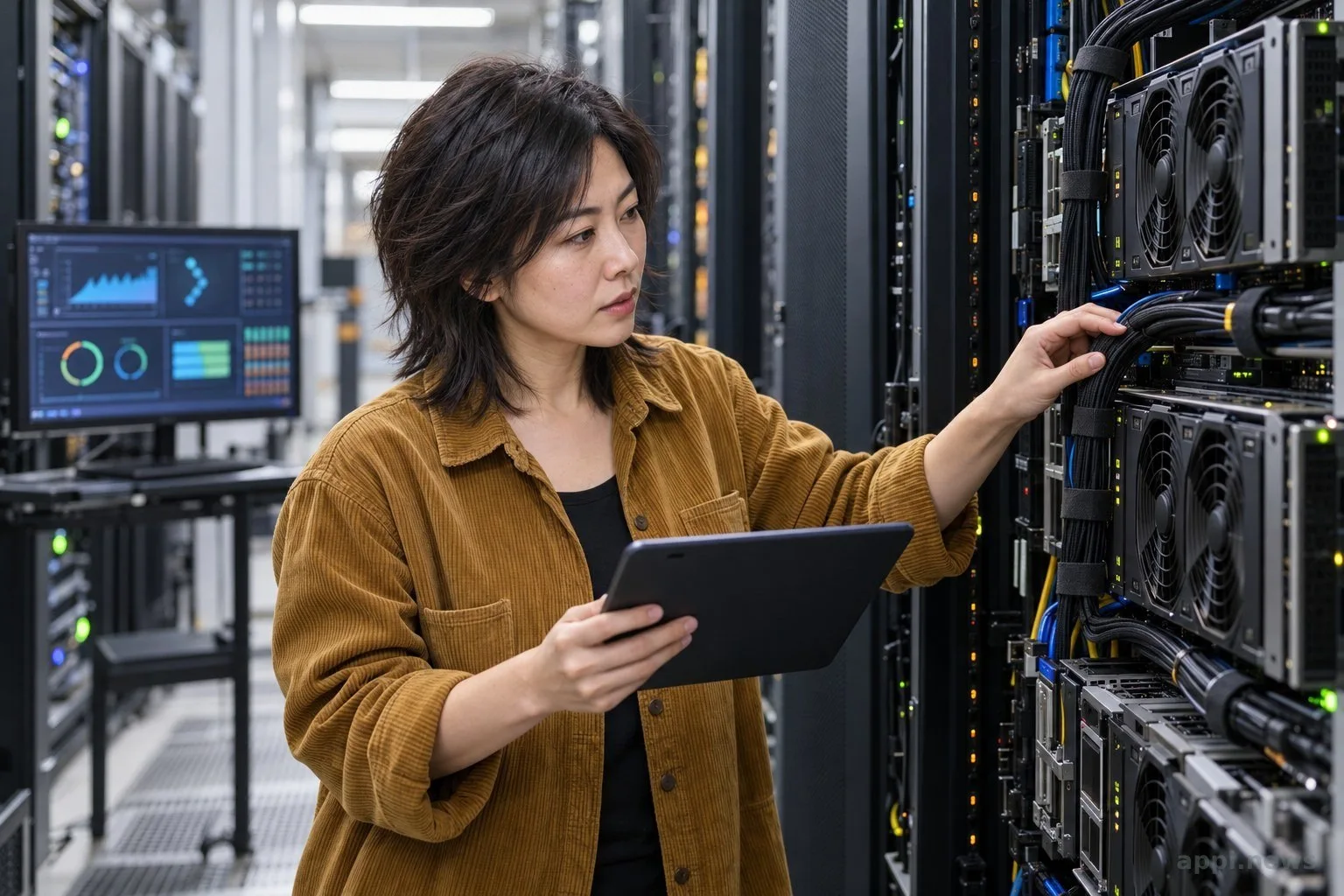 一位工程師在機房檢視 GPU 伺服器旁的部署儀表板