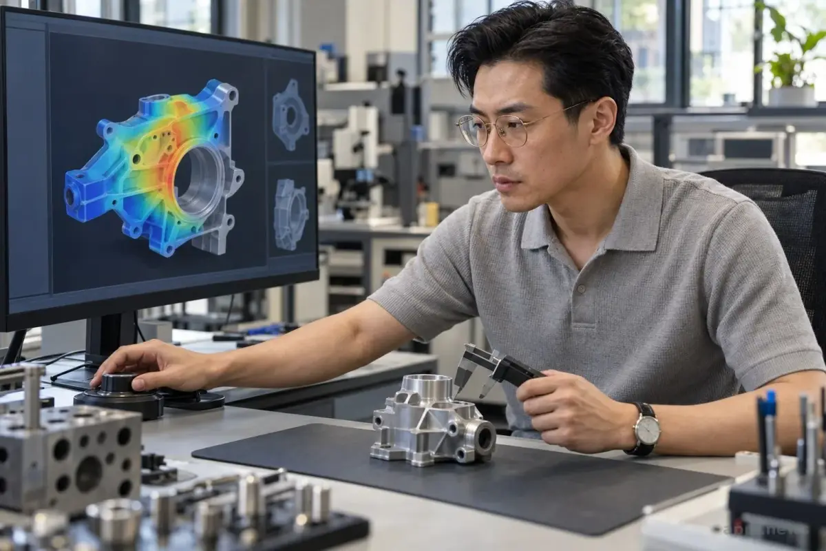 一位台灣工程師在工作站檢視螢幕上的 3D 零件與熱模擬畫面。