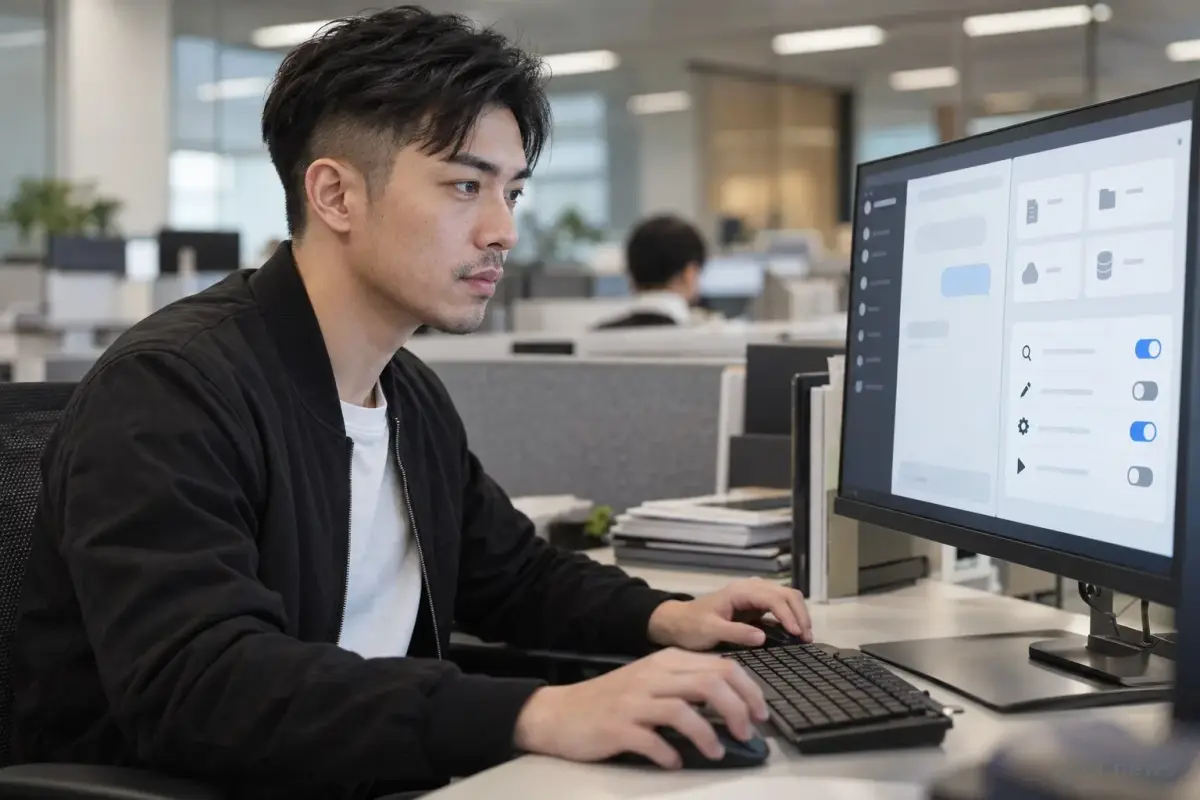 一位台灣資安人員在辦公室檢視電腦上的企業 AI 助理安全設定