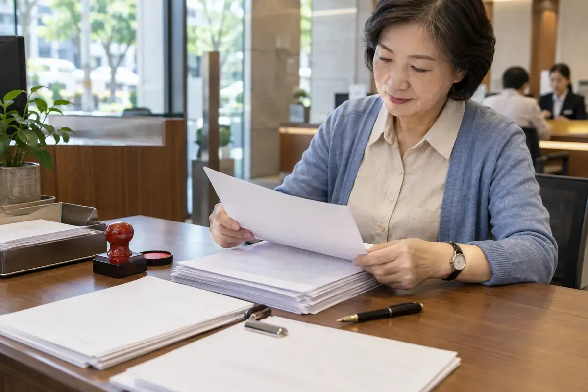 銀行承辦桌面上的申請文件與印章（示意圖）