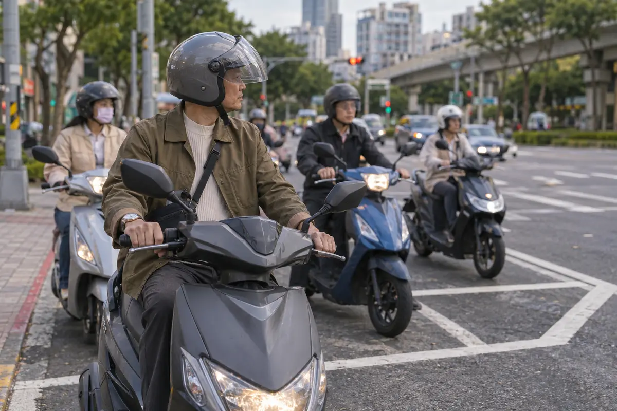 台灣路口的機車待轉區地面標線與停等機車（示意圖）