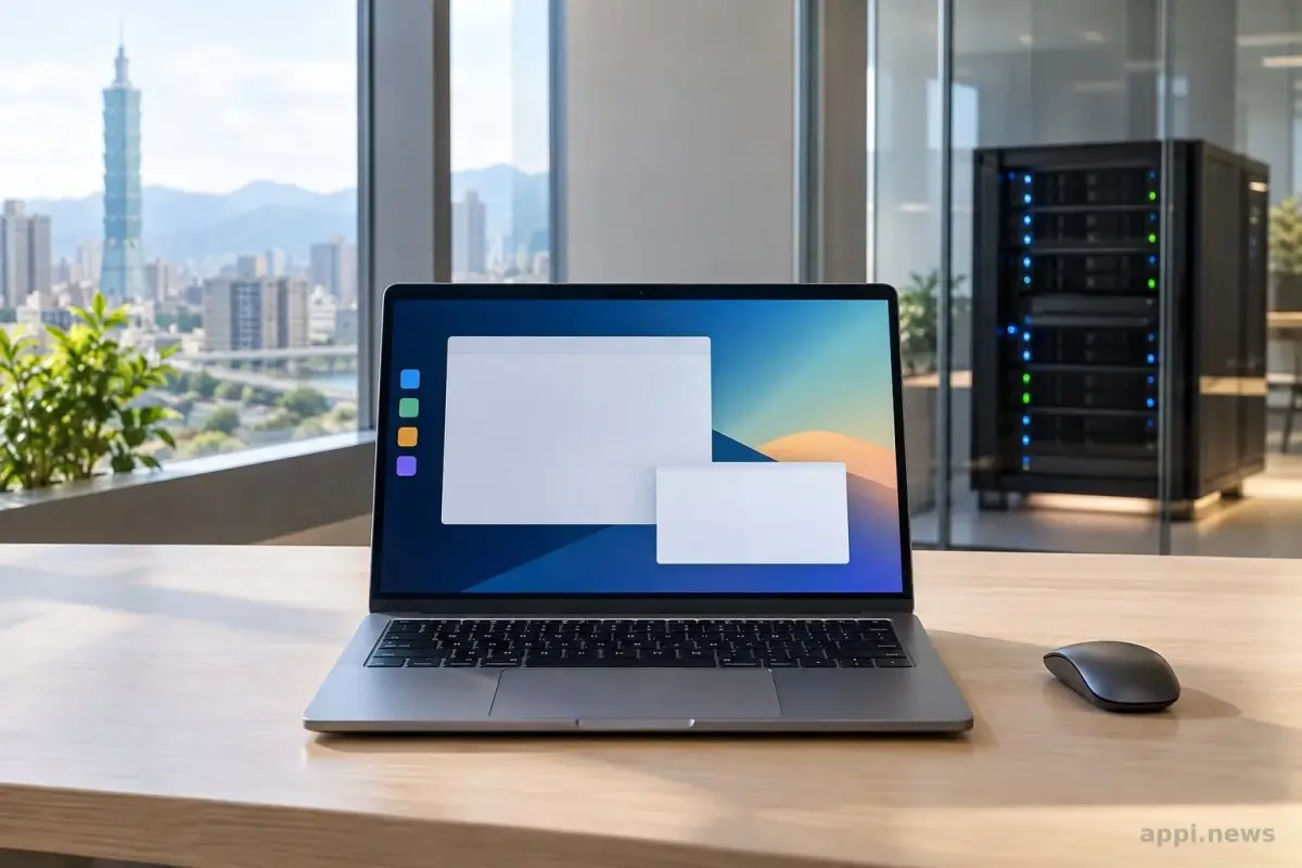 筆電螢幕顯示 Linux 工作桌面與檔案視窗，背景可見伺服器設備。