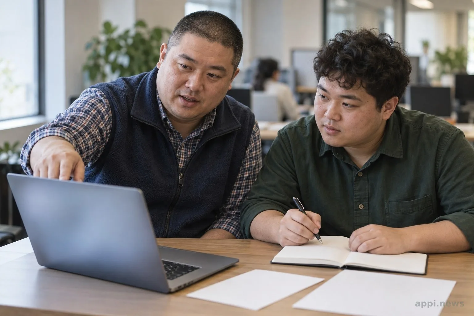 一位亞洲工程師在台灣辦公室檢視筆電上的模型測試畫面，旁邊同事一同討論。