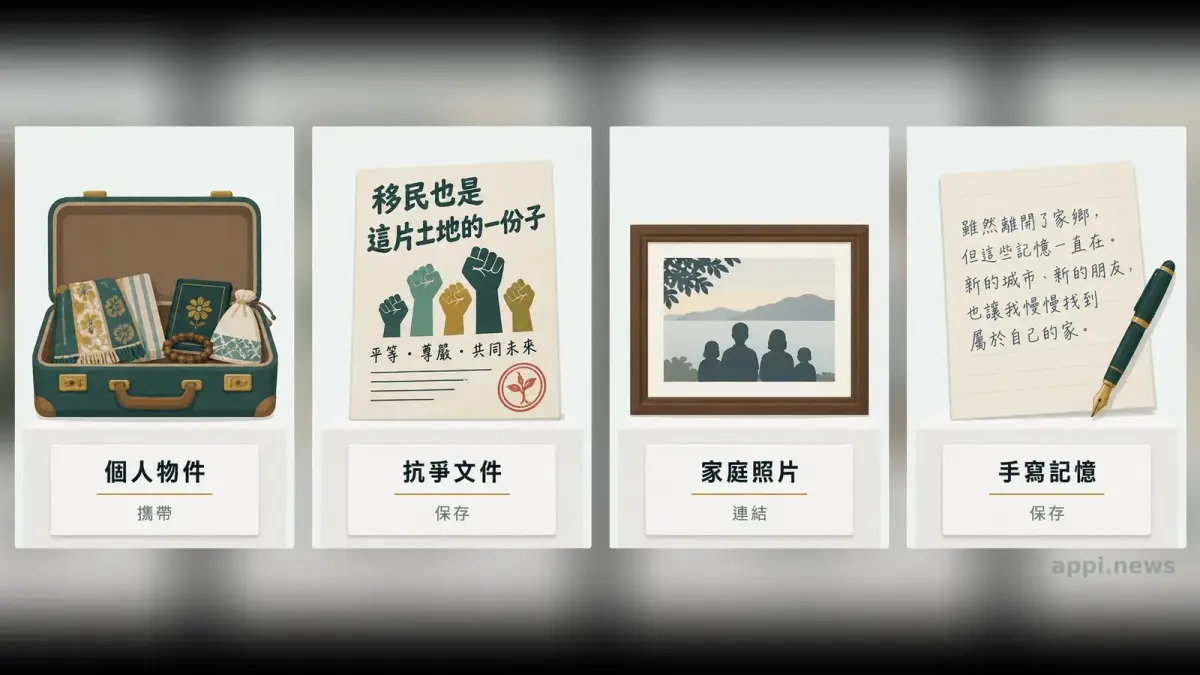 展櫃中並列展示個人物件、抗爭文件、家庭照片與手寫記憶，呈現移民者保存家園感的不同方式