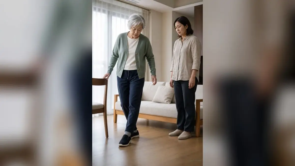 一名台灣長者在明亮的家中緩慢行走，成年家人在旁觀察步態。