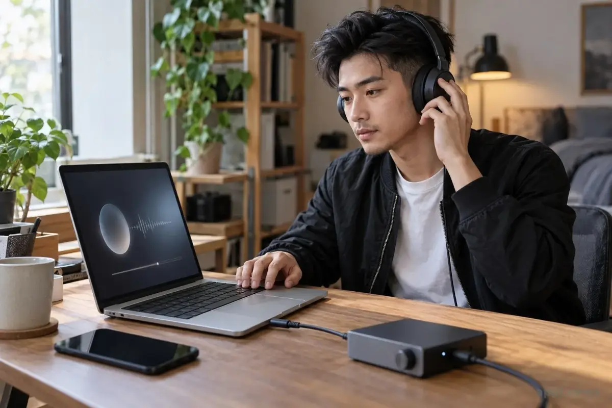 一位亞洲開發者戴著耳機，在台灣居家工作空間使用 MacBook 測試語音播放。