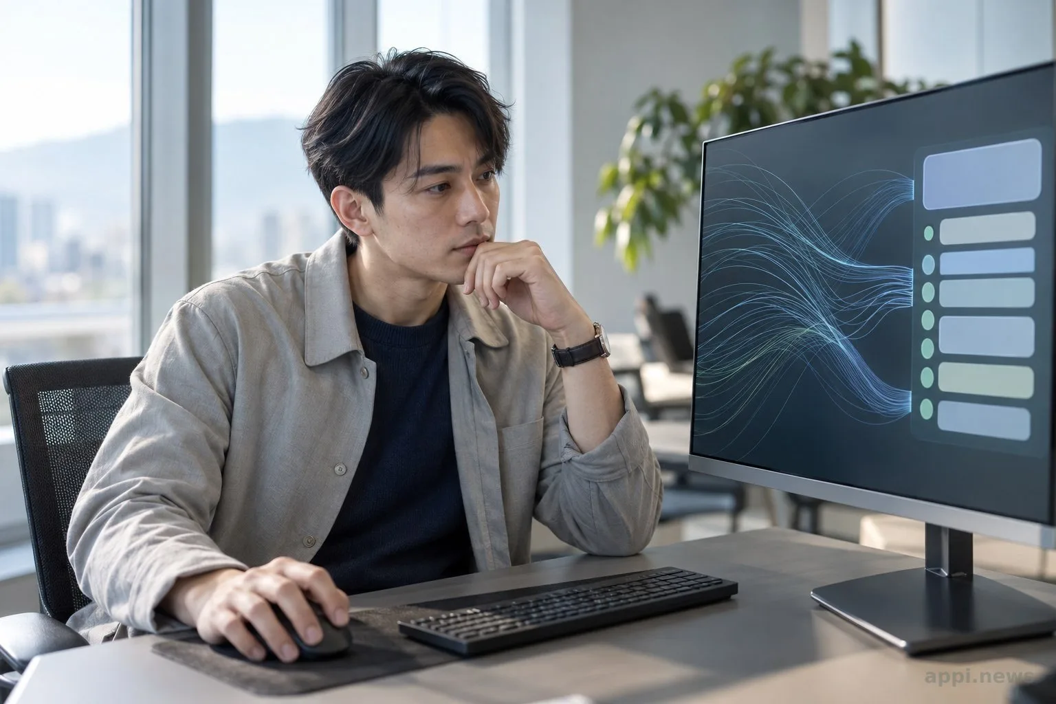 一位亞洲開發者坐在工作站前，檢視螢幕上的模型輸出