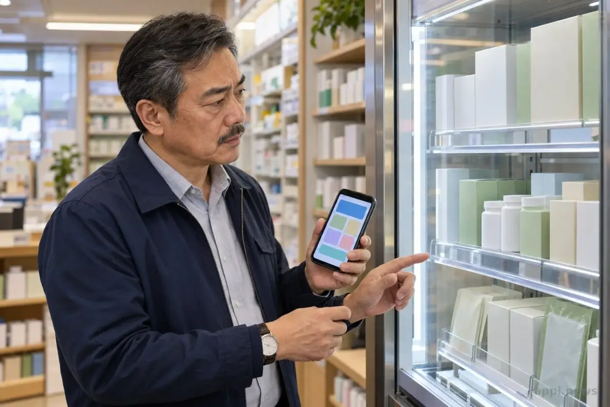 一位消費者在台灣社區藥局的商品販賣機前，用手機核對商品頁資訊。