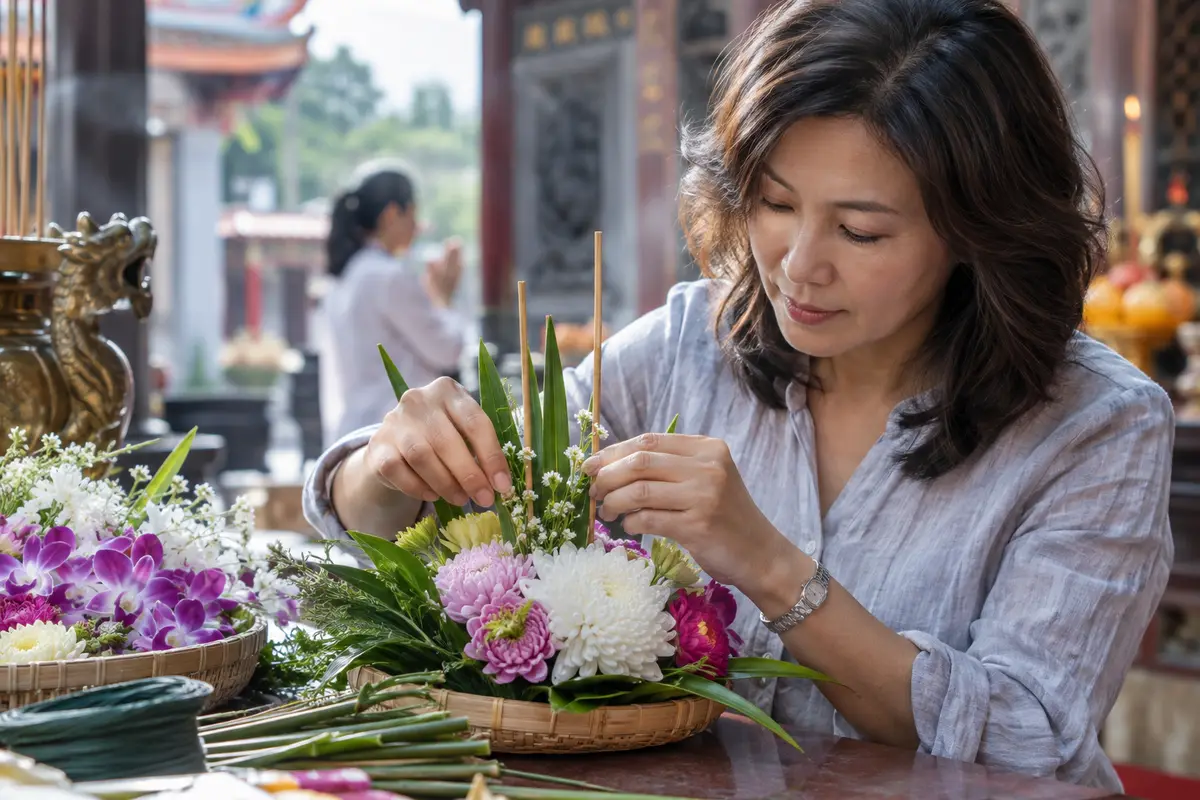 台灣廟宇供桌上的手工盤花與花材（示意圖）