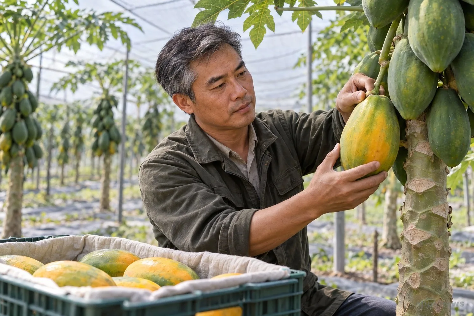 台灣網室中，農民用手托住樹上的木瓜並輕柔採收。