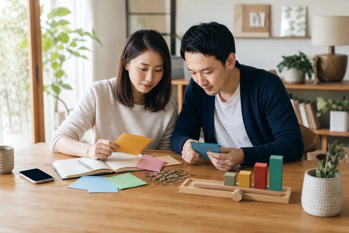 以息養股要把日常支出與投資現金流放在同一份規劃裡(示意圖) 兩人在桌前核對預算、現金與資產配置資料