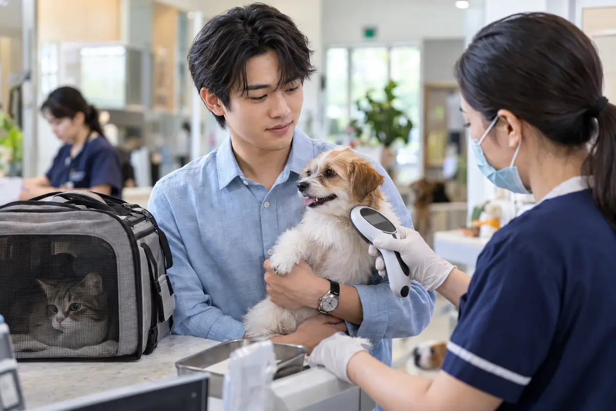 台灣飼主帶著狗狗與貓咪在寵物登記服務櫃檯辦理晶片登記