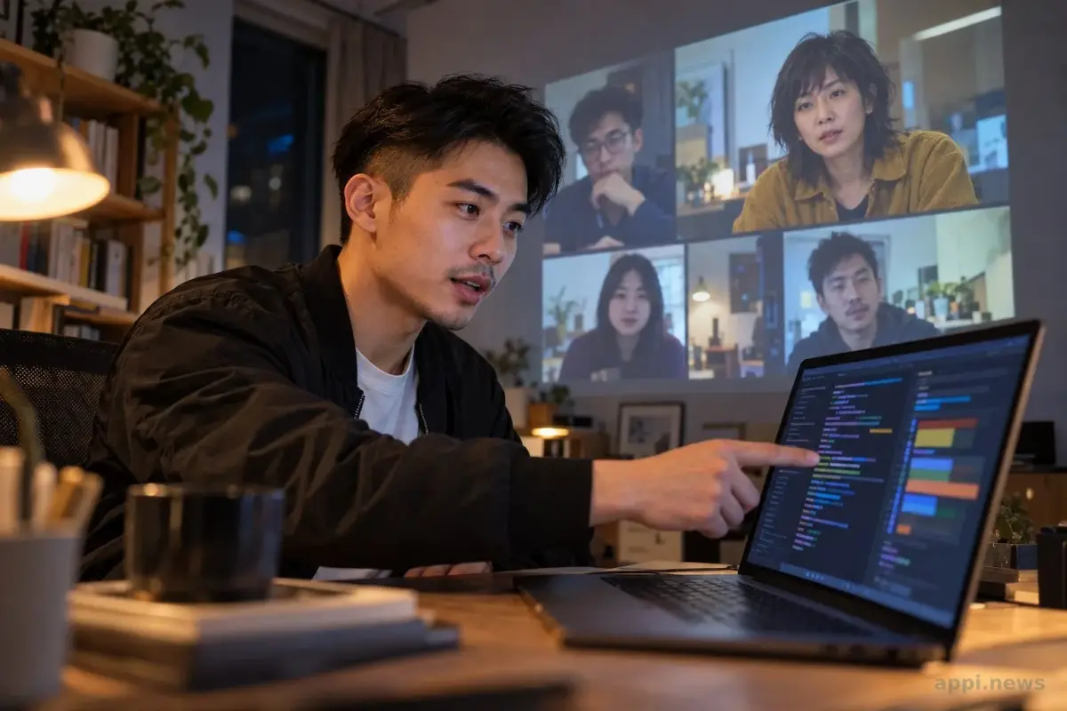 一位工程師在家中辦公室對著筆電螢幕上的 PHP 程式碼標註重點，背景牆上投影著視訊會議的團隊畫面