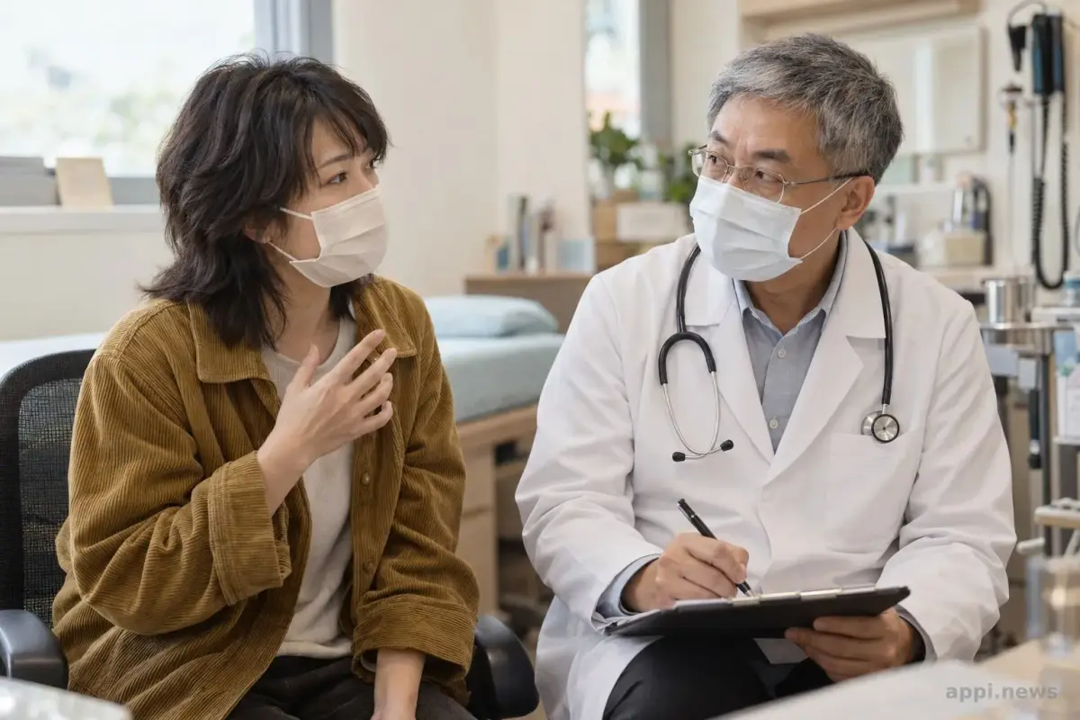 台灣診間裡，戴口罩的醫療人員近距離評估一名咳嗽的亞洲患者。