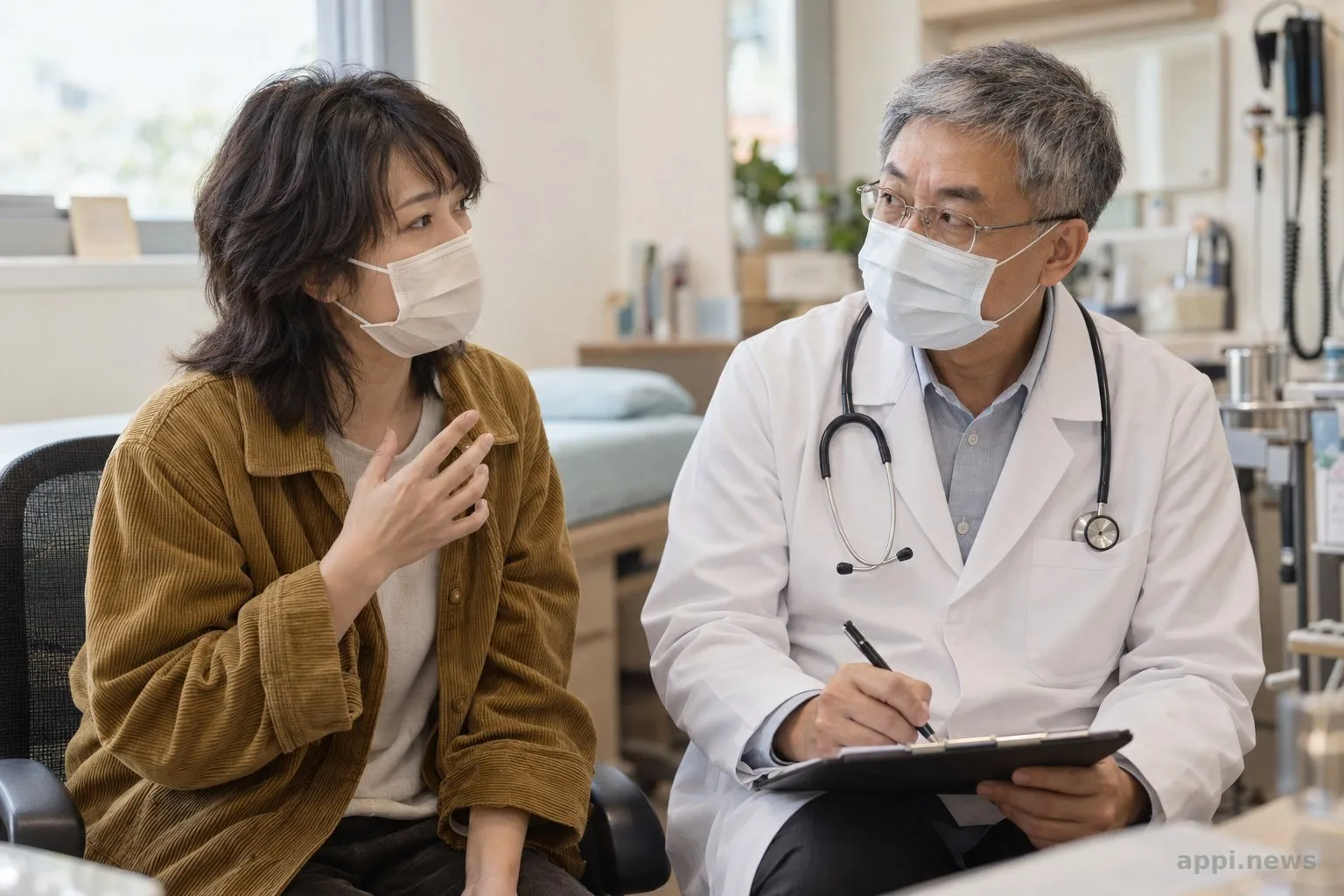 台灣診間裡，戴口罩的醫療人員近距離評估一名咳嗽的亞洲患者。