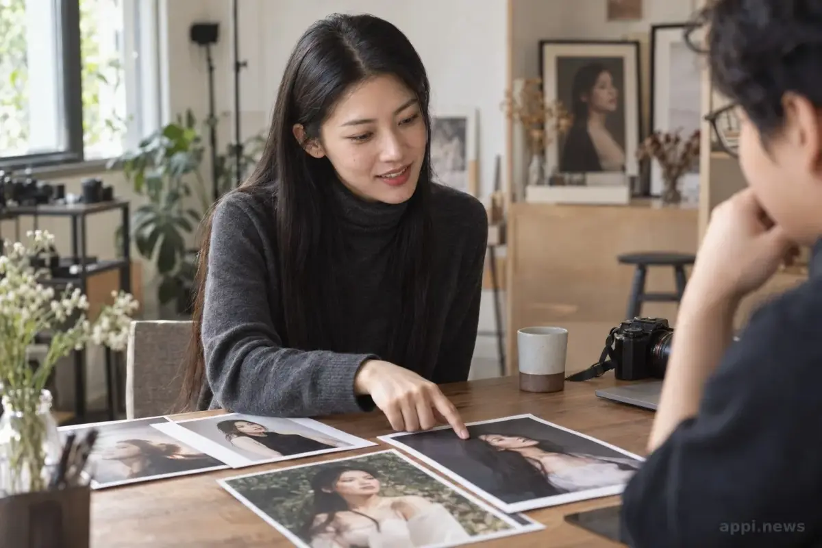 一位女性與攝影師在自然採光的工作室討論人像照片