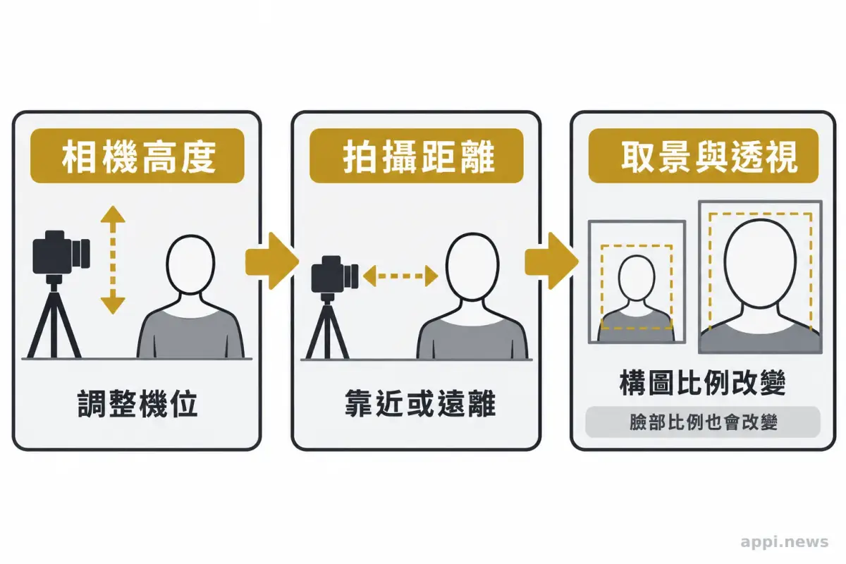 示意圖以箭頭連結相機高度與拍攝距離，呈現它們如何改變人像取景和透視。