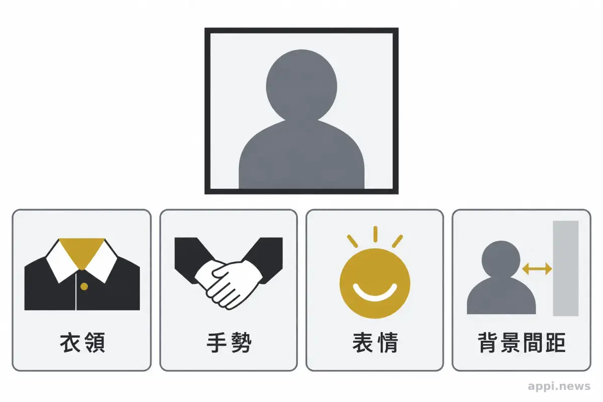 人物剪影周圍以圖示標出衣領、手的位置、表情，以及人物與背景的間距。