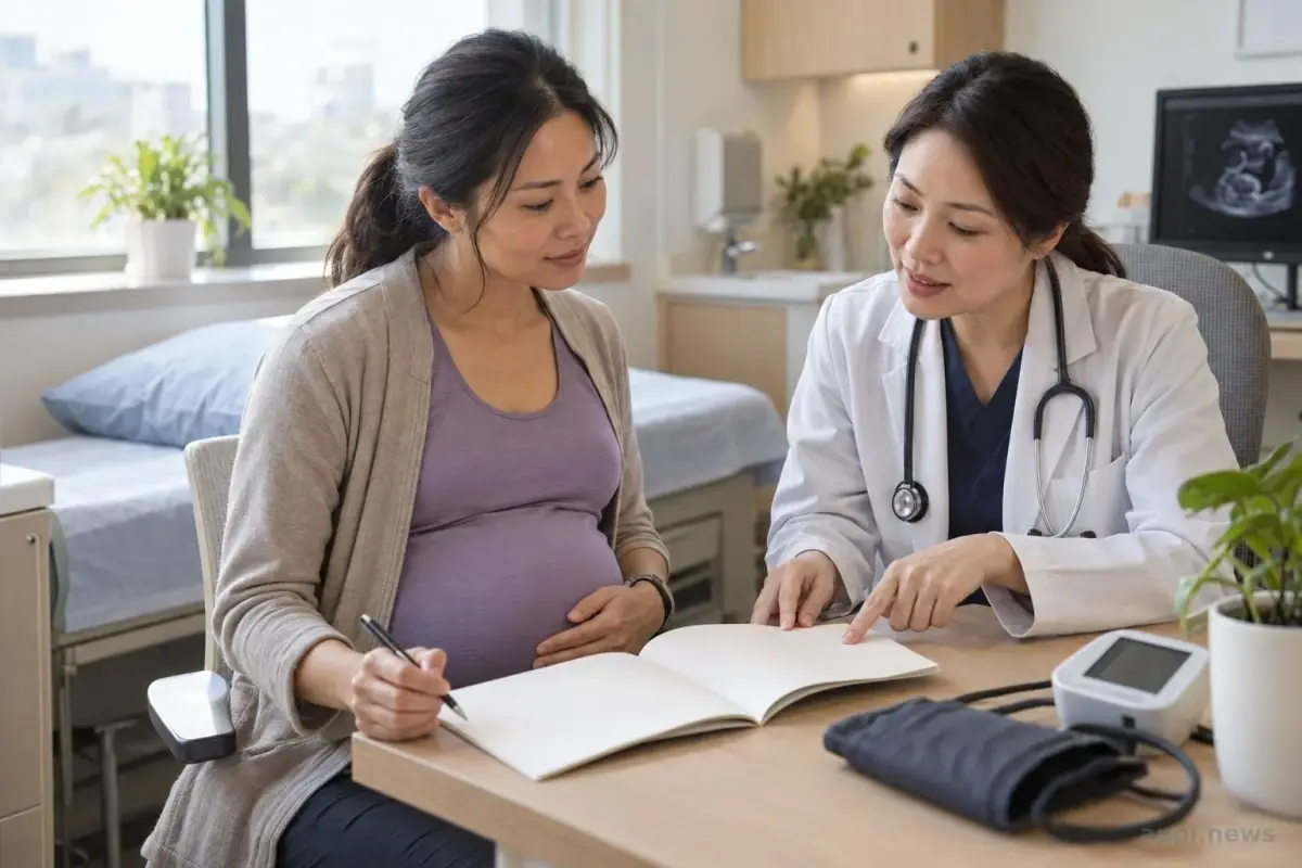 一位孕婦在產檢診間與醫療人員查看健康手冊，桌旁放著血壓計