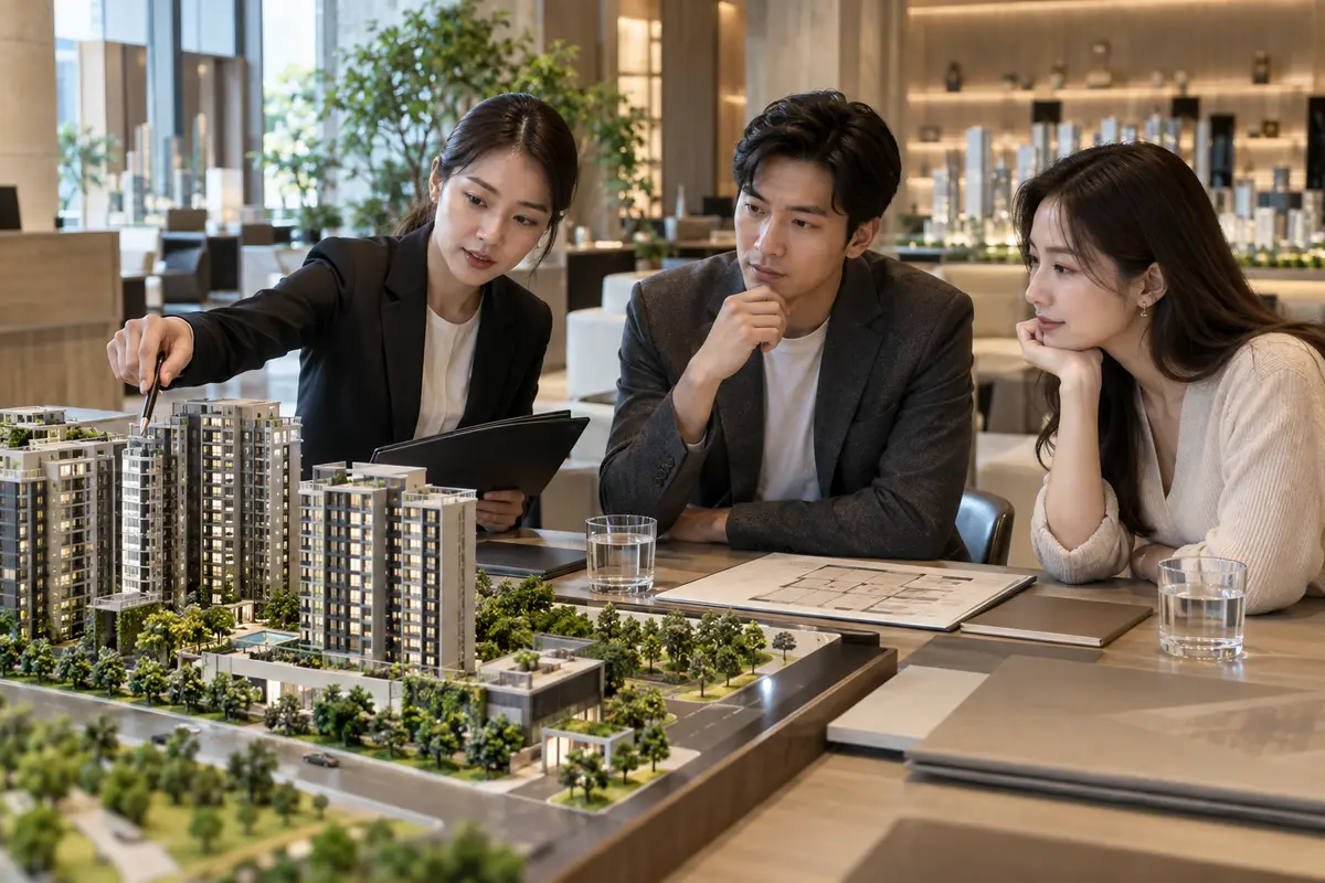 預售屋銷售中心的建案模型與洽談桌（示意圖）
