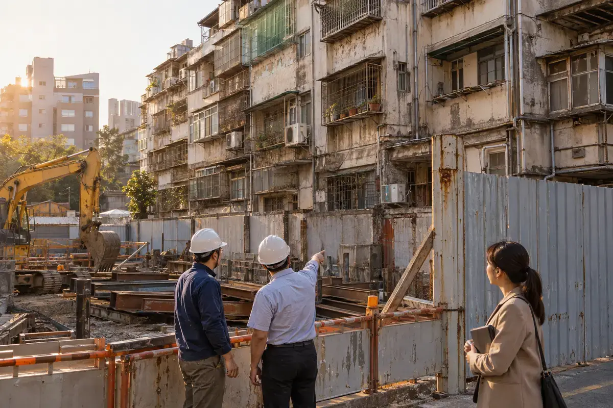 都市工地圍籬與相鄰老舊公寓外牆（示意圖）