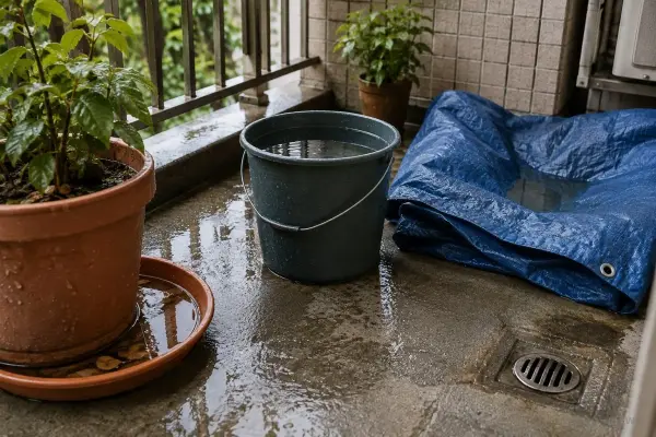 雨後陽台上的花盆底盤、桶子、折疊帆布與排水處