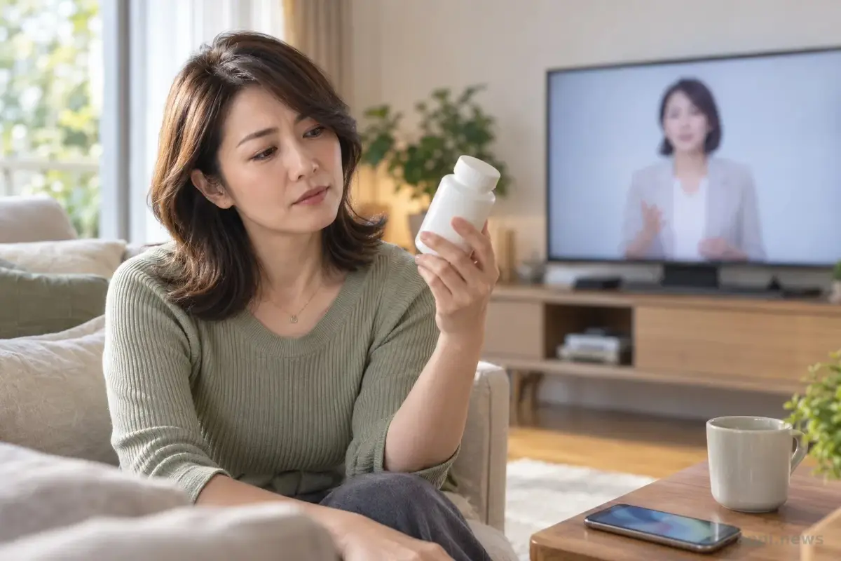 一位台灣消費者看著電視上的保健食品廣告，同時檢視手中的產品瓶。