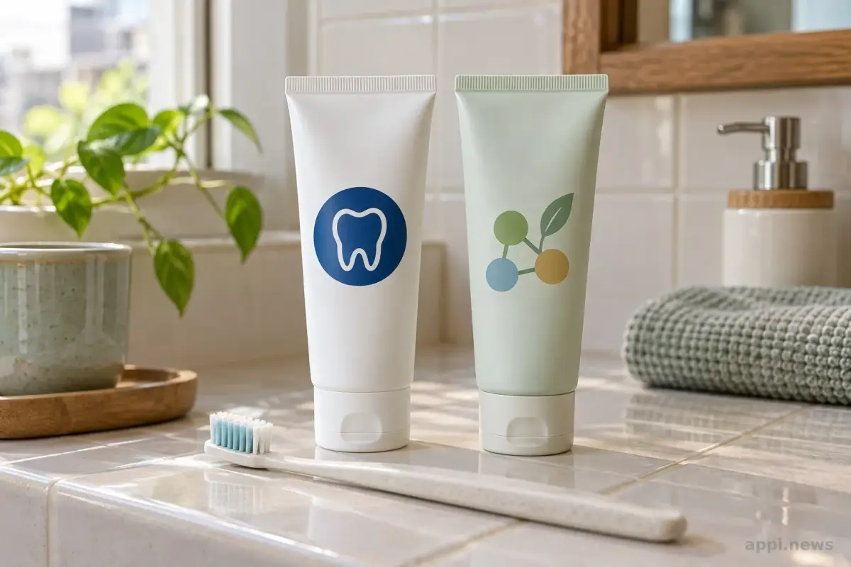 浴室檯面上並排放著標示含氟與益生菌的兩款牙膏和一支牙刷