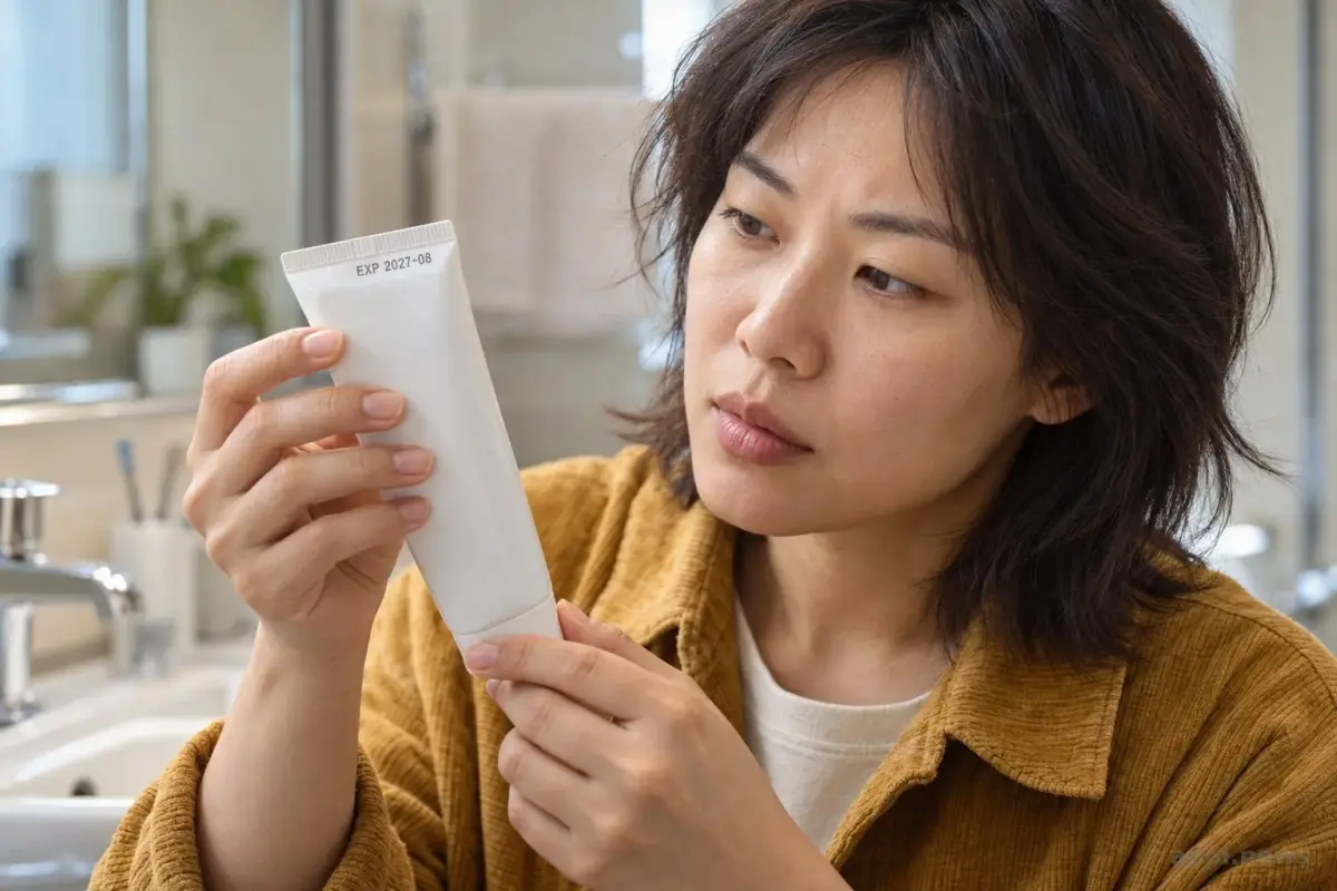 一位成人在浴室中拿著無品牌牙膏查看包裝上的保存期限。