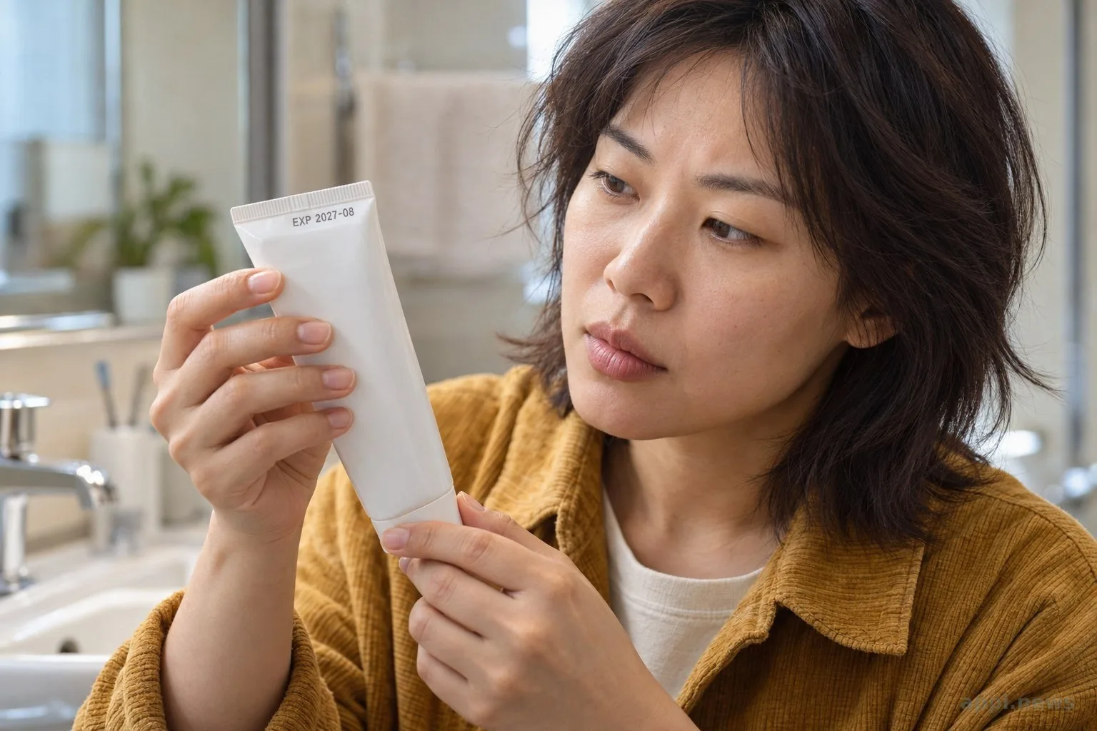 一位成人在浴室中拿著無品牌牙膏查看包裝上的保存期限。