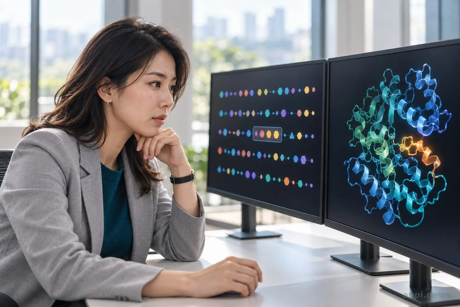 一位研究人員查看分別顯示蛋白質序列與三維結構的螢幕