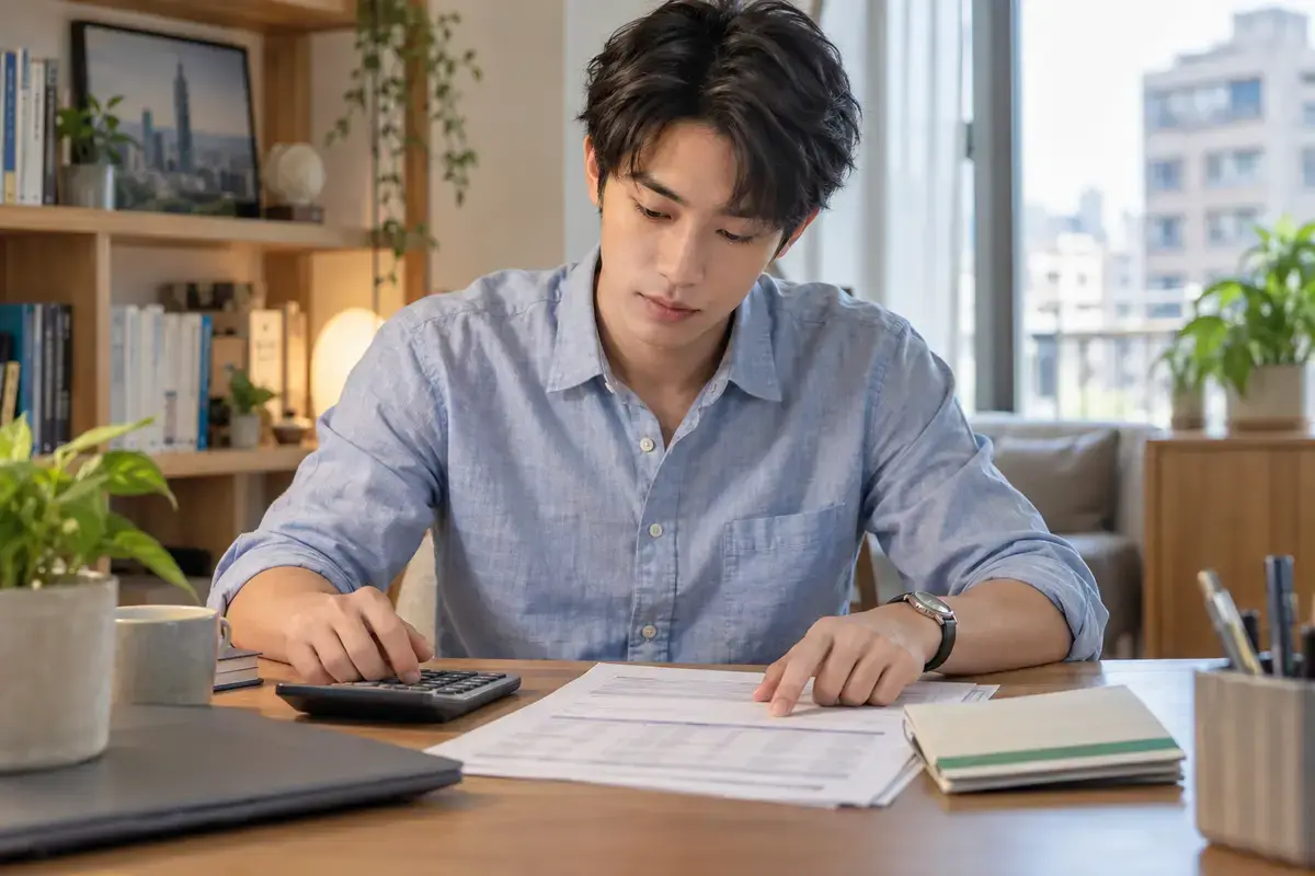 書桌上的房貸攤還表、計算機與存摺（示意圖）