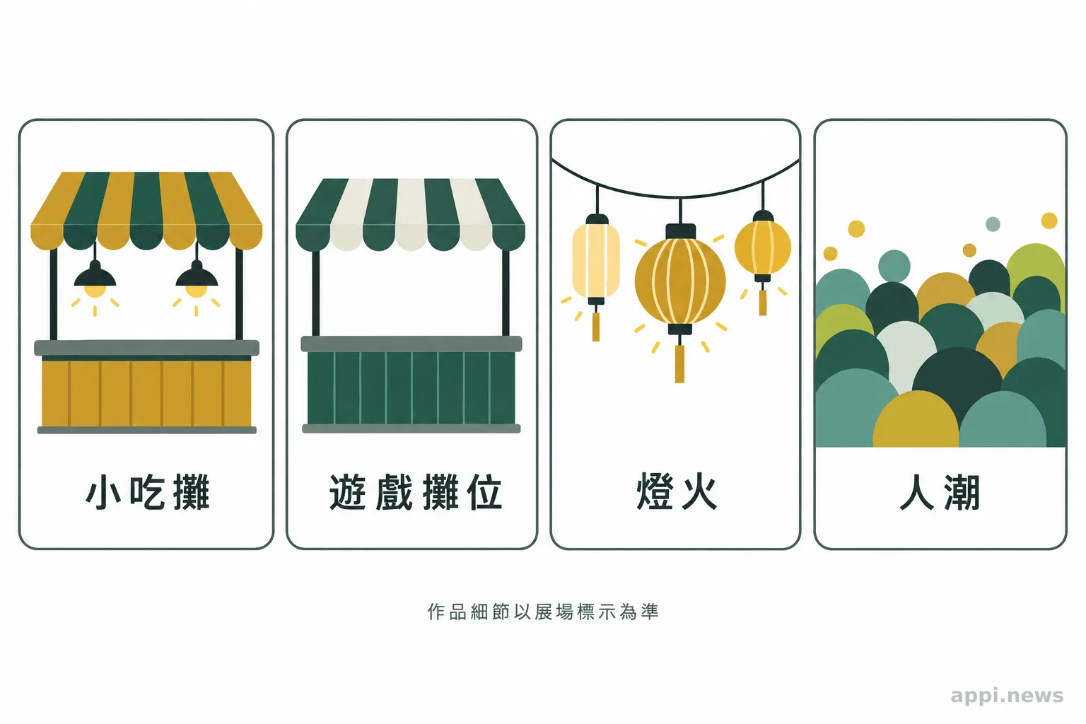 四個並列的夜市意象圖示，包含小吃攤、遊戲攤位、燈火與人潮。