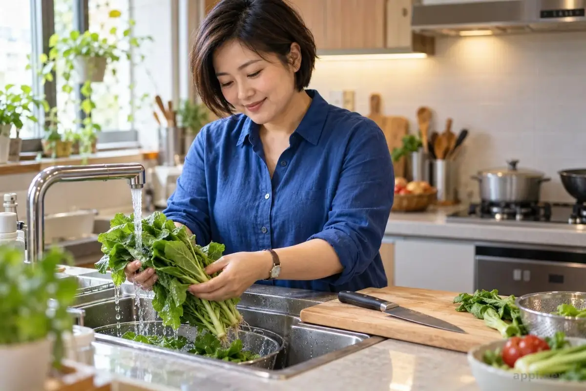 台灣家庭廚房中，一名亞洲成人在水槽下仔細清洗生菜，旁邊放著乾淨的砧板與備料器具。