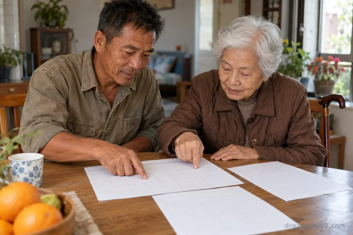 一對台灣熟齡伴侶在家查看退休現金流日曆，對照美元債收入與新台幣支出。