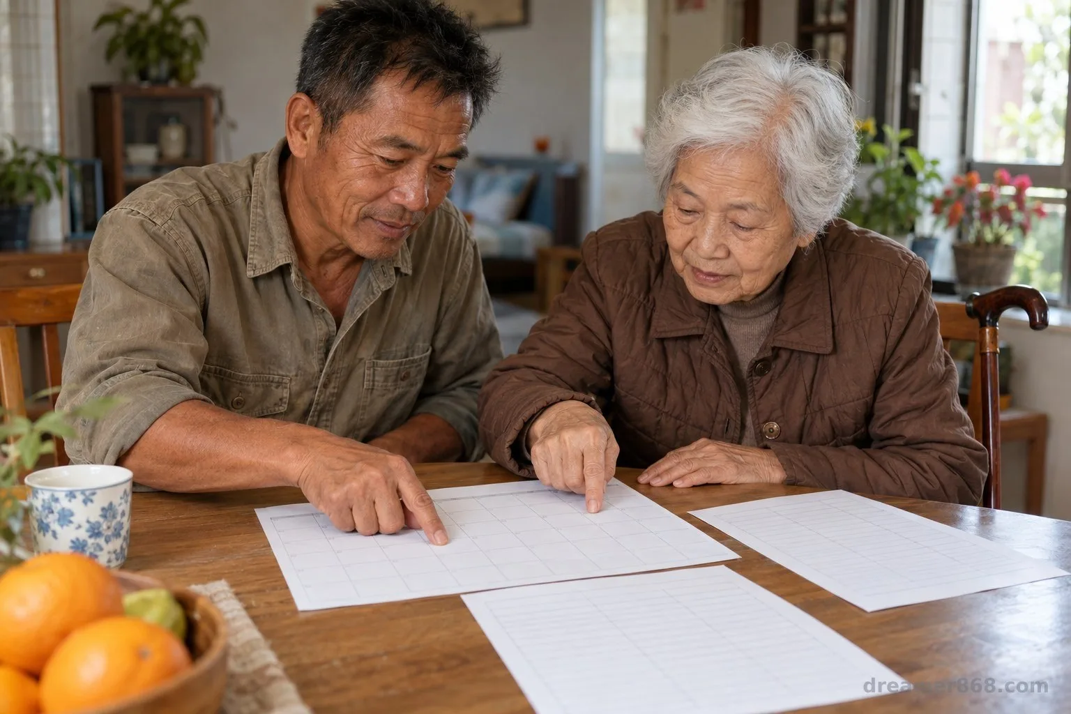 一對台灣熟齡伴侶在家查看退休現金流日曆，對照美元債收入與新台幣支出。