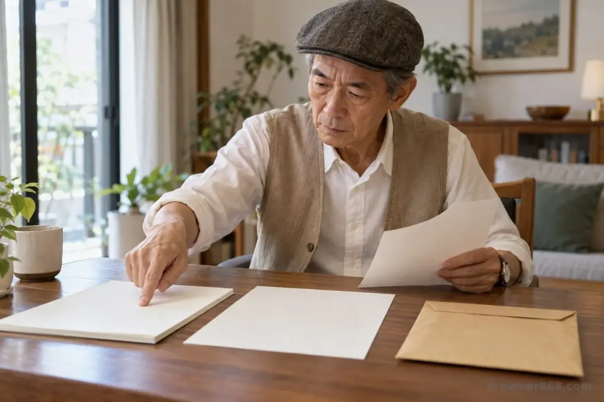 一位準退休讀者在家中書桌前檢視列出台股、全球基金、美元資產與現金的配置文件