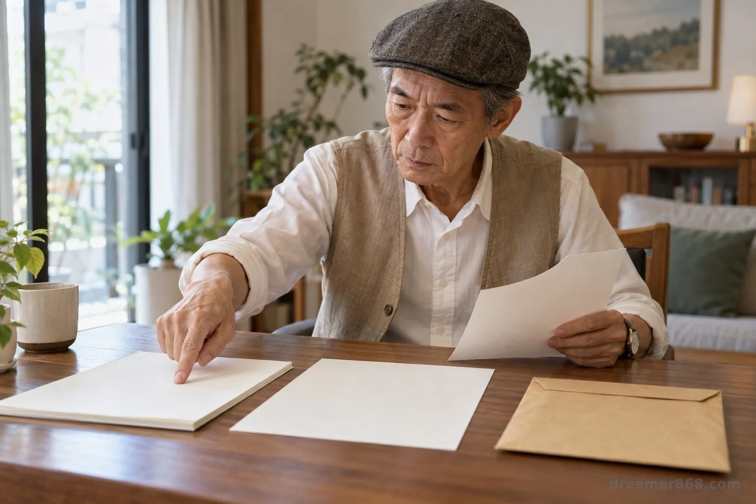 一位準退休讀者在家中書桌前檢視列出台股、全球基金、美元資產與現金的配置文件