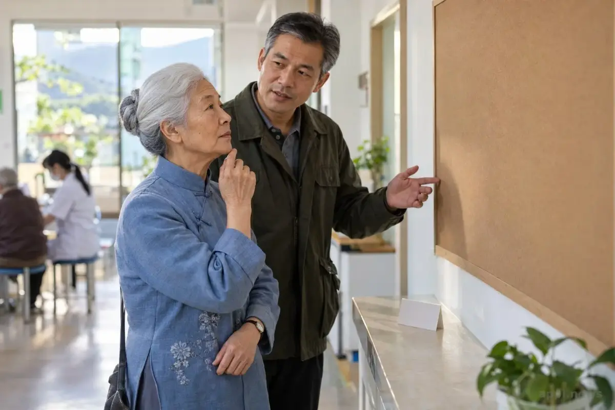 一位偏鄉居民在台灣衛生所查看公告，旁邊有工作人員