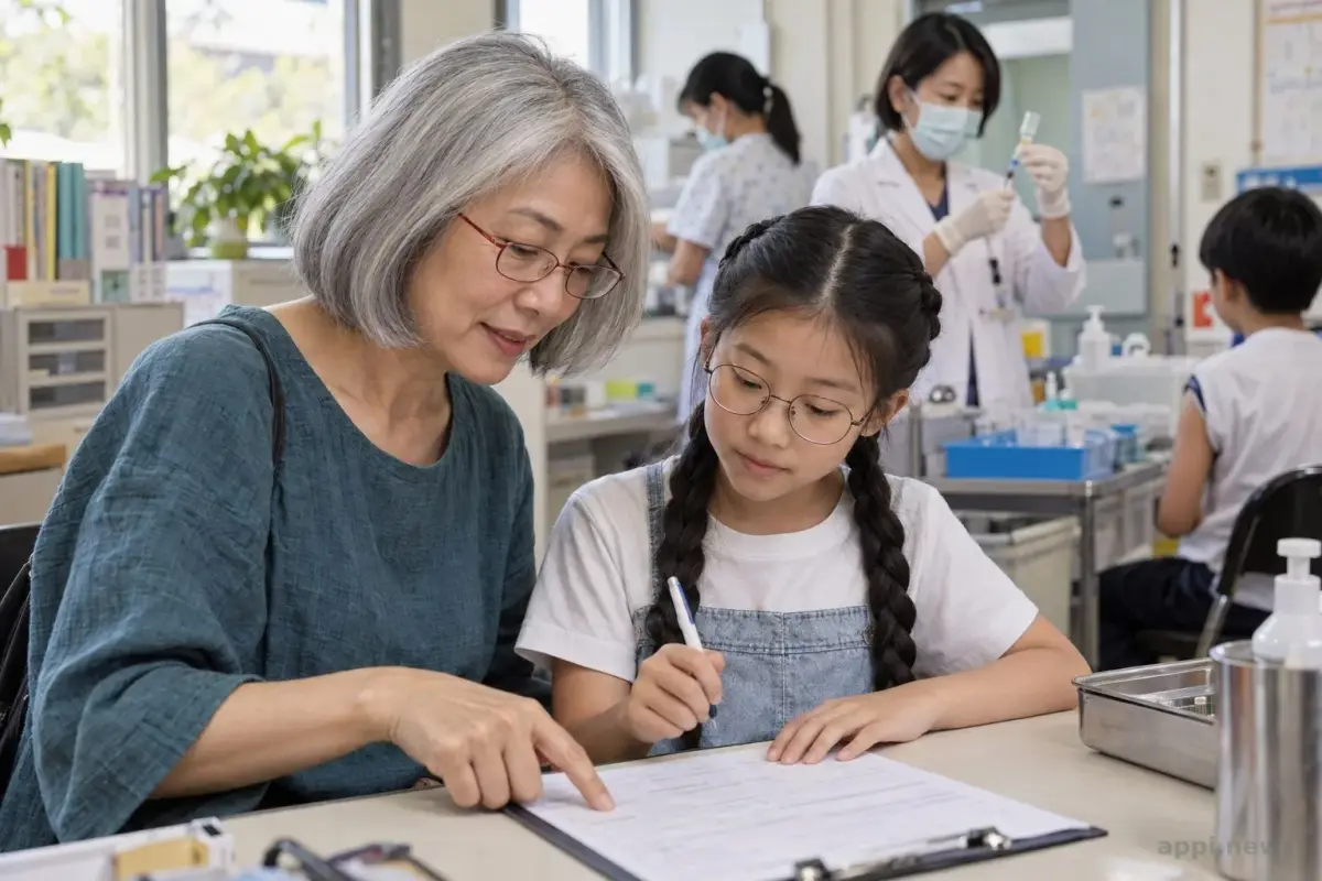 家長陪學生在校園護理站查看接種意願書，醫療團隊在後方準備服務