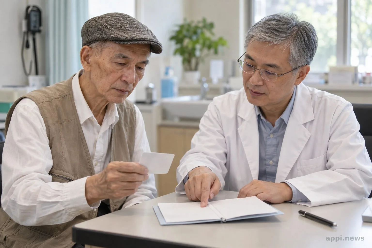 一位長者在社區院所與醫療人員核對健保卡和接種紀錄