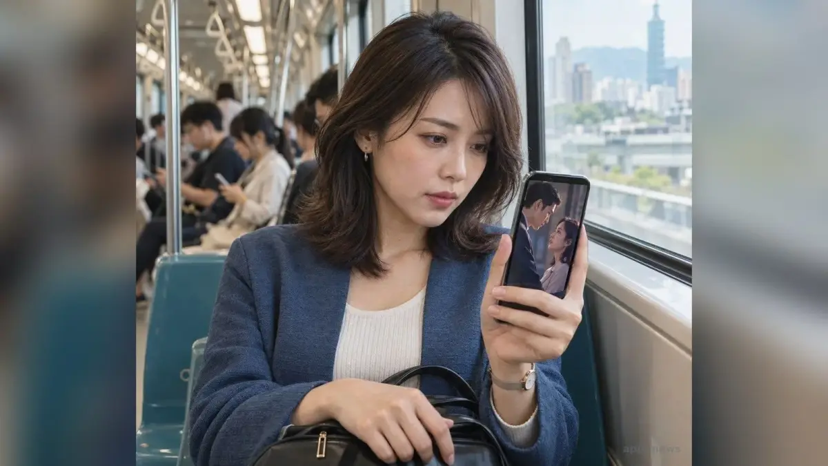台灣通勤者在台北捷運車廂內觀看停在懸念畫面的直式短劇