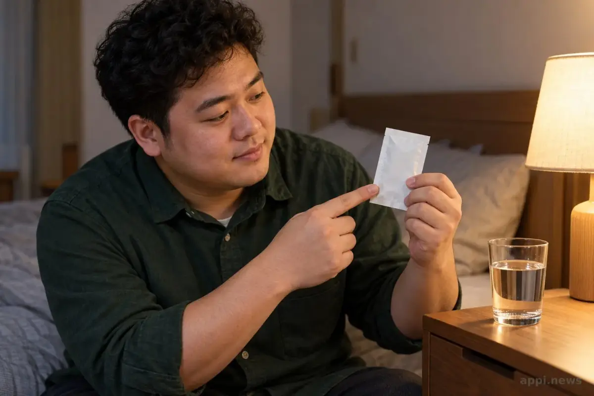 一位成人在床邊手持安眠藥藥袋查看服用指示，旁邊放著一杯水。